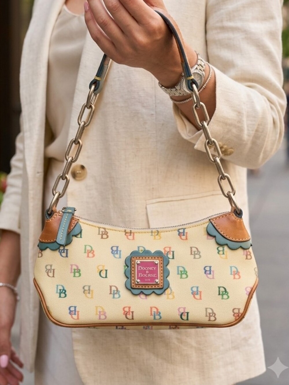 Dooney & Bourke Cream Multicolor Signature DB Logo Shoulder Bag with Tan Y2K. - Picture 1 of 16